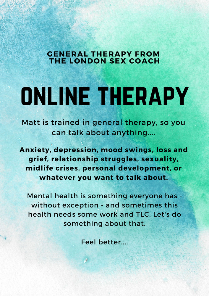 Infographic saying online therapy from the London sex coach